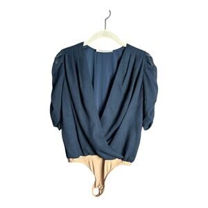 Amanda Uprichard Navy Blue Wrap and Puff Sleeve Bodysuit Size XS